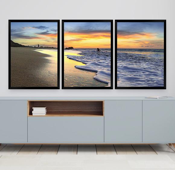 Kit 3 Quadros Decorativos Modernos Mar Pôr Do Sol Para Sala