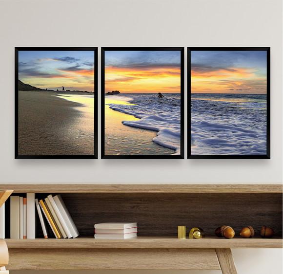 Kit 3 Quadros Decorativos Modernos Mar Pôr Do Sol Para Sala