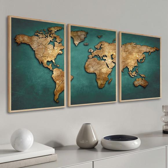 Kit 3 Quadros Decorativos Modernos Mapa Mundi Com Moldura