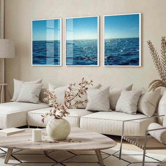 Kit 3 Quadros Decorativos Modernos Paisagem Mar Azul Vidro