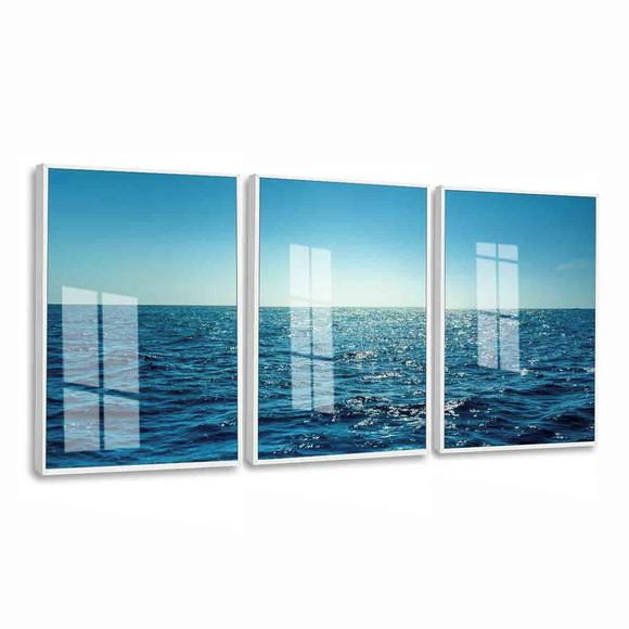 Kit 3 Quadros Decorativos Modernos Paisagem Mar Azul Vidro