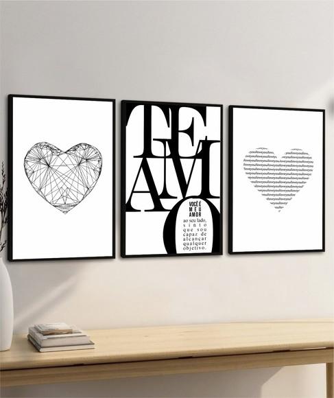 Kit 3 Quadros Decorativos Modernos Quarto Casal Frases Vidro