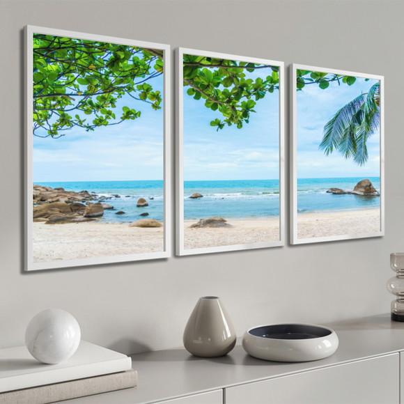Kit 3 Quadros Decorativos Modernos Praia e Mar Com Moldura