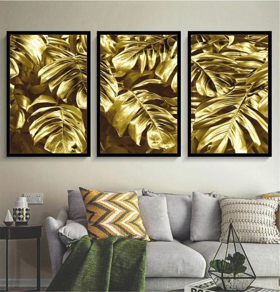 Kit 3 Quadros Decorativos Monstera Folhagem Dourada Moldura