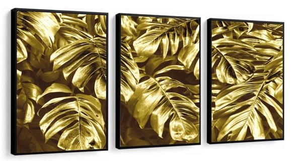 Kit 3 Quadros Decorativos Monstera Folhagem Dourada Moldura