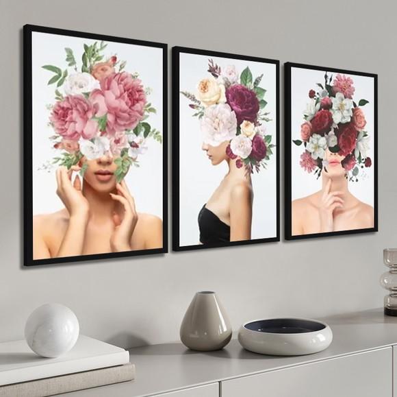 Kit 3 Quadros Decorativos Mulheres Flores Moderno Moldura