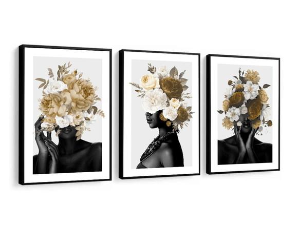 Kit 3 Quadros Decorativos Mulheres Negras Africanas Moldura