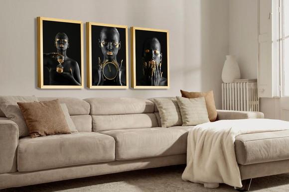 Kit 3 Quadros Decorativos Mulheres Negras Dourada Molduras