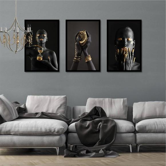 Kit 3 Quadros Decorativos Mulheres Negras Douradas Moldura