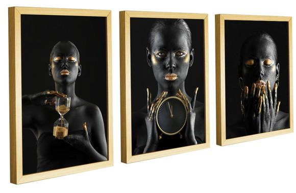 Kit 3 Quadros Decorativos Mulheres Negras Dourada Molduras