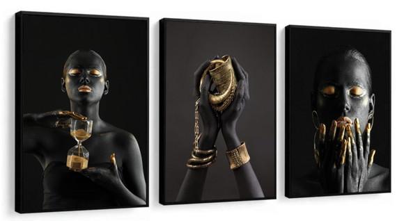 Kit 3 Quadros Decorativos Mulheres Negras Douradas Moldura