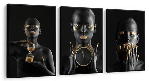 Kit 3 Quadros Decorativos Mulheres Negras Douradas Molduras