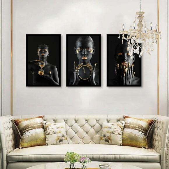 Kit 3 Quadros Decorativos Mulheres Negras Douradas Molduras