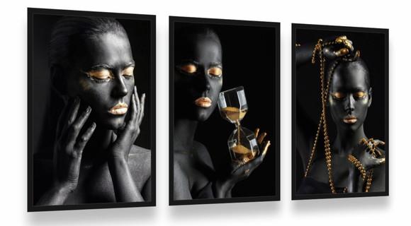 Kit 3 Quadros Decorativos Mulheres Negras Gold Com Moldura