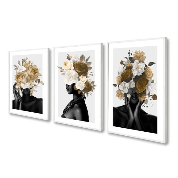 Kit 3 Quadros Decorativos Mulheres Negras Flores Com Moldura