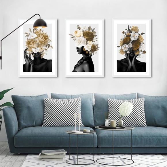 Kit 3 Quadros Decorativos Mulheres Negras Flores Com Moldura