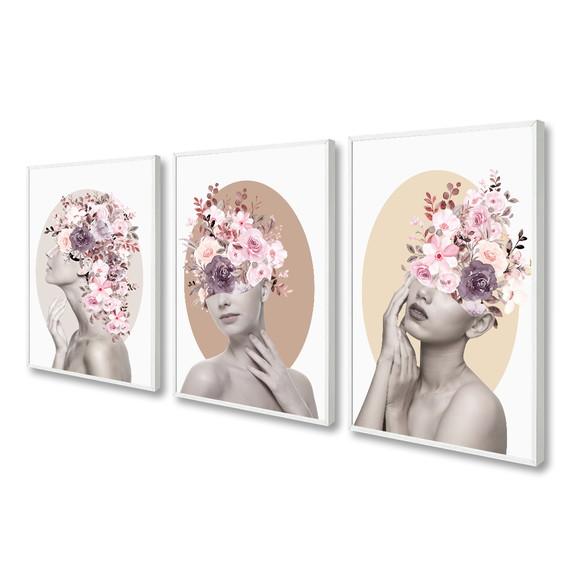 Kit 3 Quadros Decorativos Mulheres Quarto Flores Com Moldura