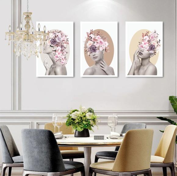 Kit 3 Quadros Decorativos Mulheres Quarto Flores Com Moldura