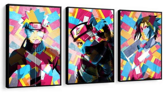 Kit 3 Quadros Decorativos Naruto Anime Sasuke Geek Molduras