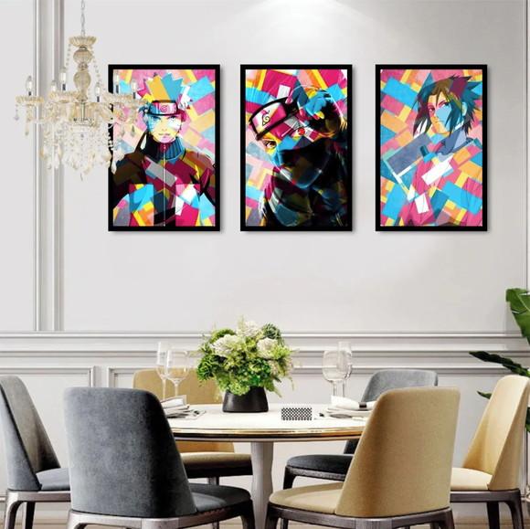 Kit 3 Quadros Decorativos Naruto Anime Sasuke Geek Molduras