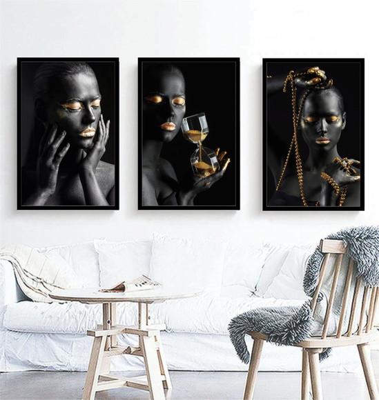 Kit 3 Quadros Decorativos Mulheres Negras Gold Com Moldura