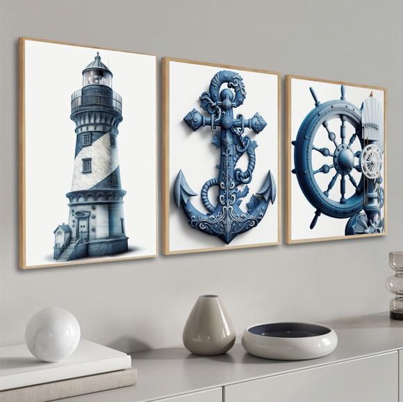 Kit 3 Quadros Decorativos Náuticos Ancora Moldura e Vidro