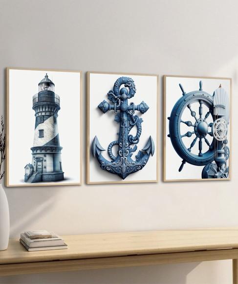Kit 3 Quadros Decorativos Náuticos Ancora Moldura e Vidro