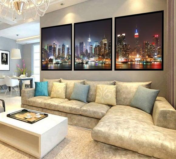 Kit 3 Quadros Decorativos Nova York a Noite Conjunto Grande