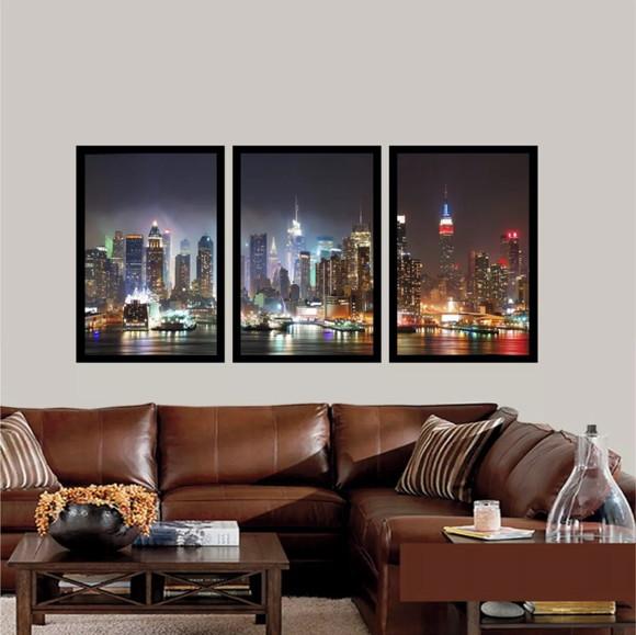Kit 3 Quadros Decorativos Nova York A Noite Conjunto Moldura