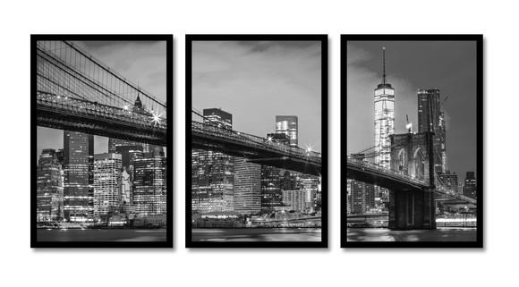 Kit 3 Quadros Decorativos Nova York Brooklyn Sala Moldura