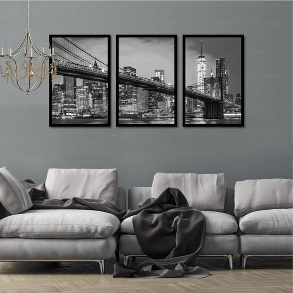 Kit 3 Quadros Decorativos Nova York Brooklyn Sala Moldura