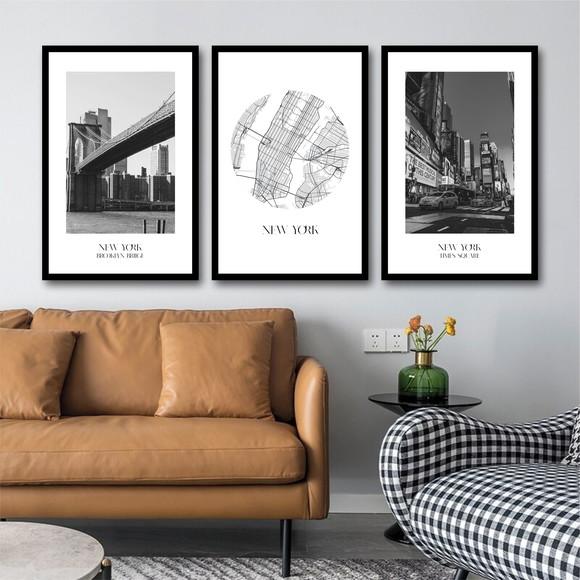 Kit 3 Quadros Decorativos Nova York Cidade Brooklyn Moldura
