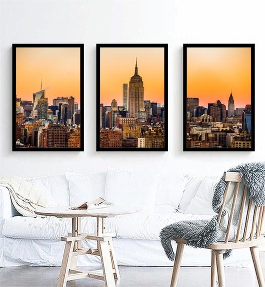 Kit 3 Quadros Decorativos Nova York Cidades Conjunto Moldura