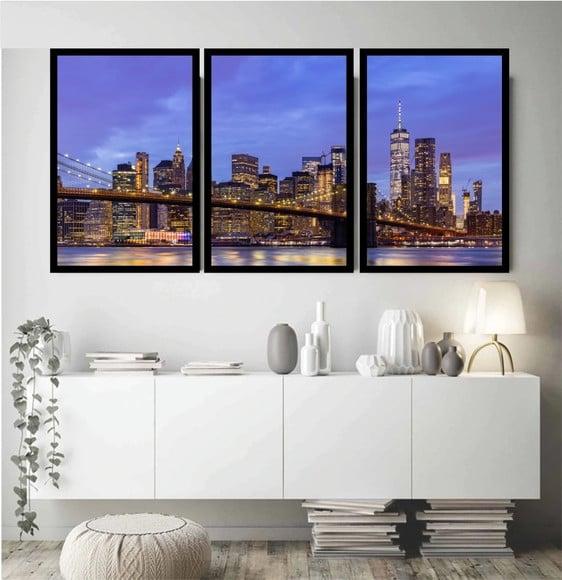 Kit 3 Quadros Decorativos Nova York Ponte Brooklyn Moldura