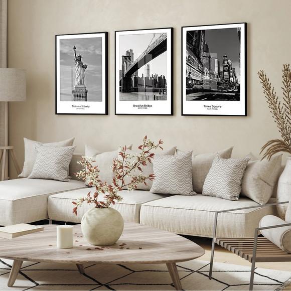 Kit 3 Quadros Decorativos Nova York Preto e Branco com Vidro