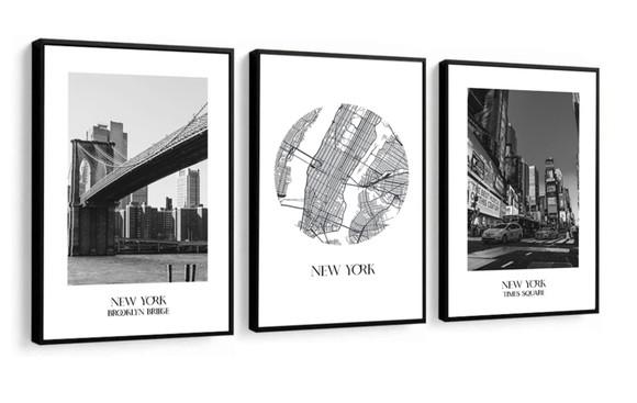 Kit 3 Quadros Decorativos Nova York Cidade Brooklyn Moldura