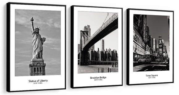 Kit 3 Quadros Decorativos Nova York Preto e Branco Moldura