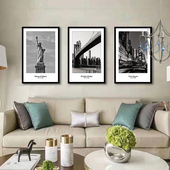 Kit 3 Quadros Decorativos Nova York Preto e Branco Moldura