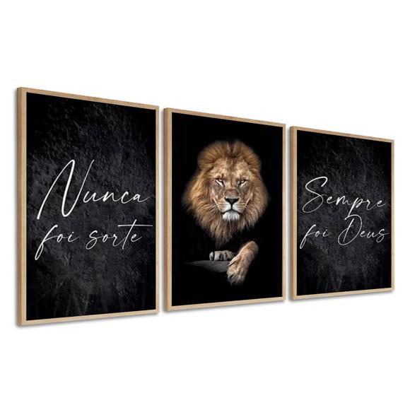 Kit 3 Quadros Decorativos Nunca Foi Sorte Leão com Moldura