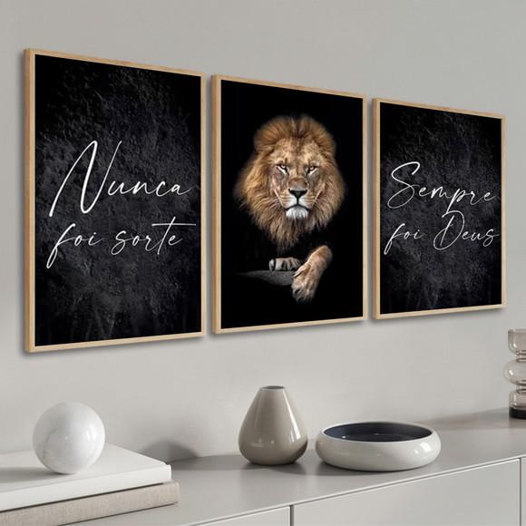 Kit 3 Quadros Decorativos Nunca Foi Sorte Leão com Moldura