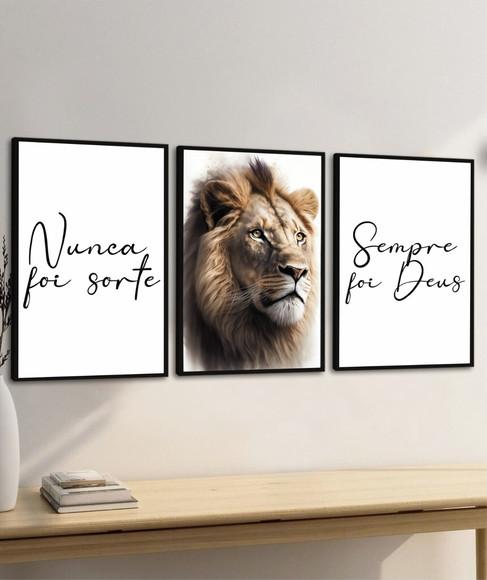 Kit 3 Quadros Decorativos Nunca Foi Sorte Leão Frase Moldura