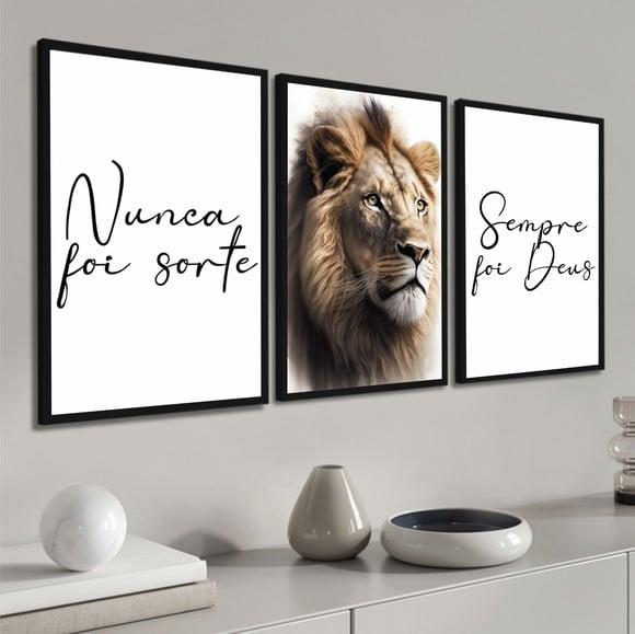 Kit 3 Quadros Decorativos Nunca Foi Sorte Leão Frase Moldura