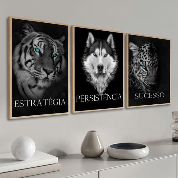 Kit 3 Quadros Decorativos Onça Tigre E Lobo Frases Moldura
