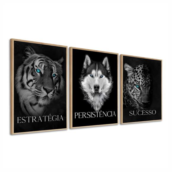 Kit 3 Quadros Decorativos Onça Tigre E Lobo Frases Moldura