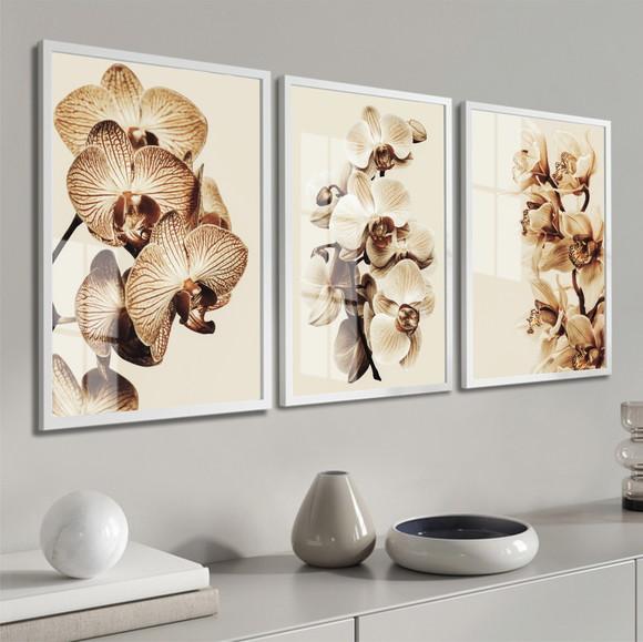 Kit 3 Quadros Decorativos Orquídea Bege Flor Moldura E Vidro