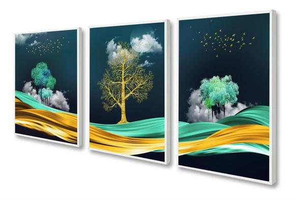 Kit 3 Quadros Decorativos Paisagem Arvore Dourada Moldura