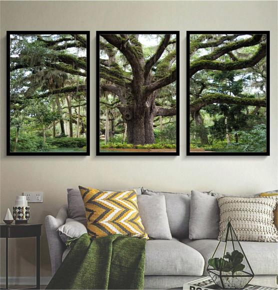 Kit 3 Quadros Decorativos Paisagem Arvore Folhagem Moldura