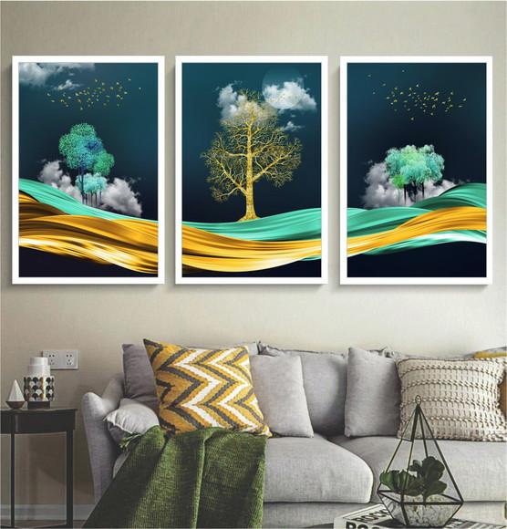 Kit 3 Quadros Decorativos Paisagem Arvore Dourada Moldura