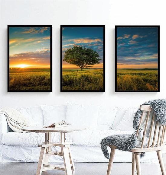 Kit 3 Quadros Decorativos Paisagem Arvore Para Sala Moldura