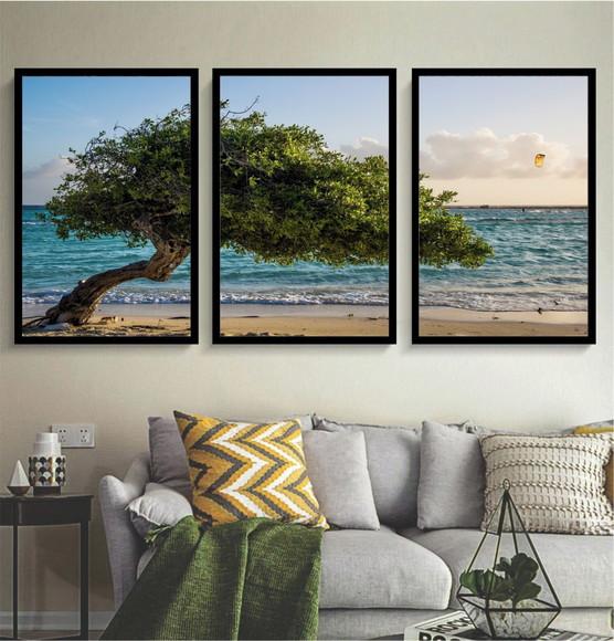 Kit 3 Quadros Decorativos Paisagem Arvore Praia Mar Moldura